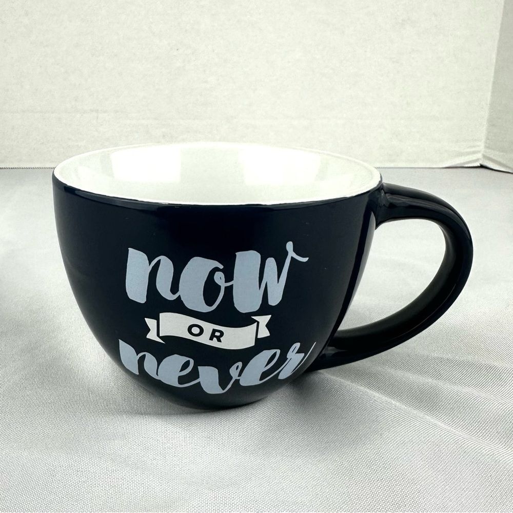 Now or Never Blue and White coffee mug/cup